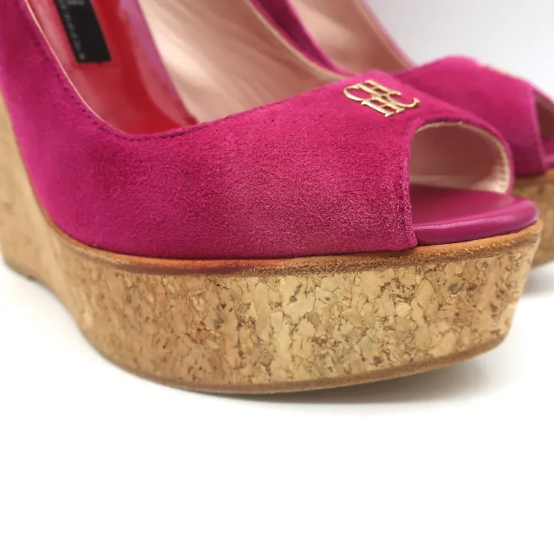 CH Carolina Herrera Cork Platform Sandals Pink Suede Size 37 Slingback Wedge