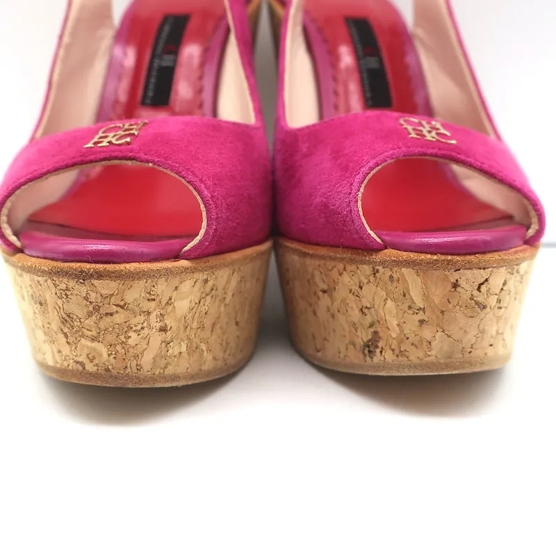 CH Carolina Herrera Cork Platform Sandals Pink Suede Size 37 Slingback Wedge