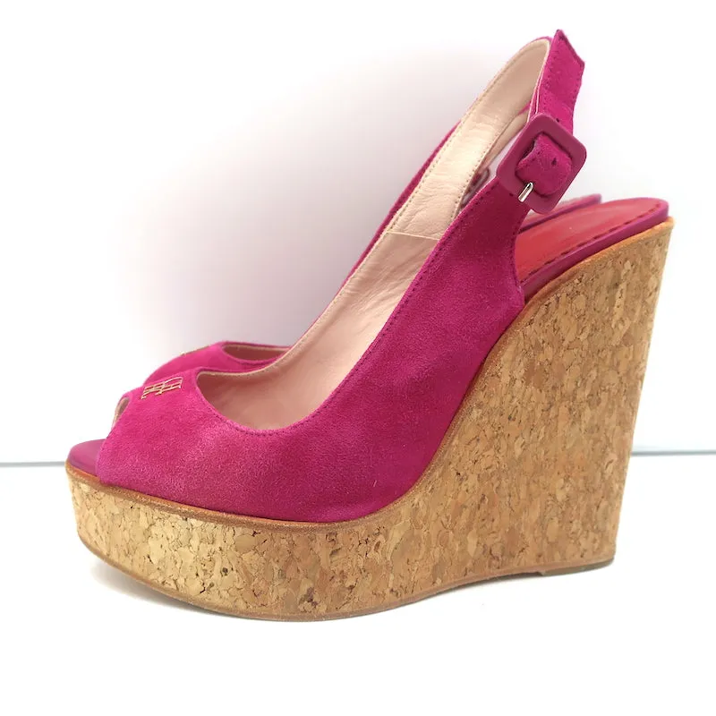CH Carolina Herrera Cork Platform Sandals Pink Suede Size 37 Slingback Wedge