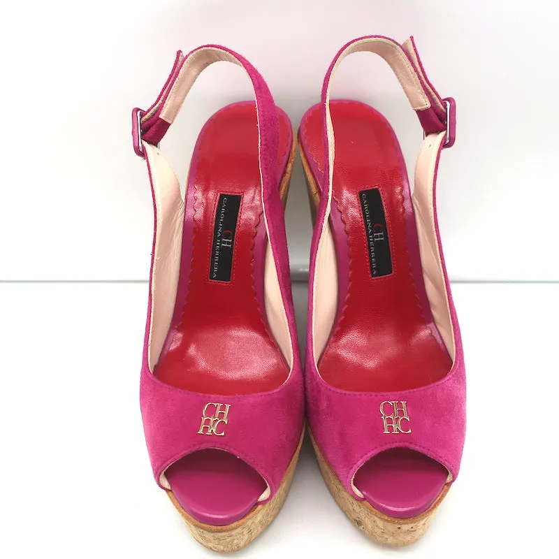 CH Carolina Herrera Cork Platform Sandals Pink Suede Size 37 Slingback Wedge