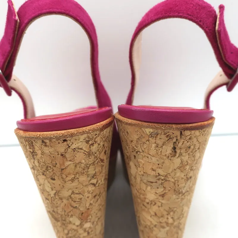 CH Carolina Herrera Cork Platform Sandals Pink Suede Size 37 Slingback Wedge