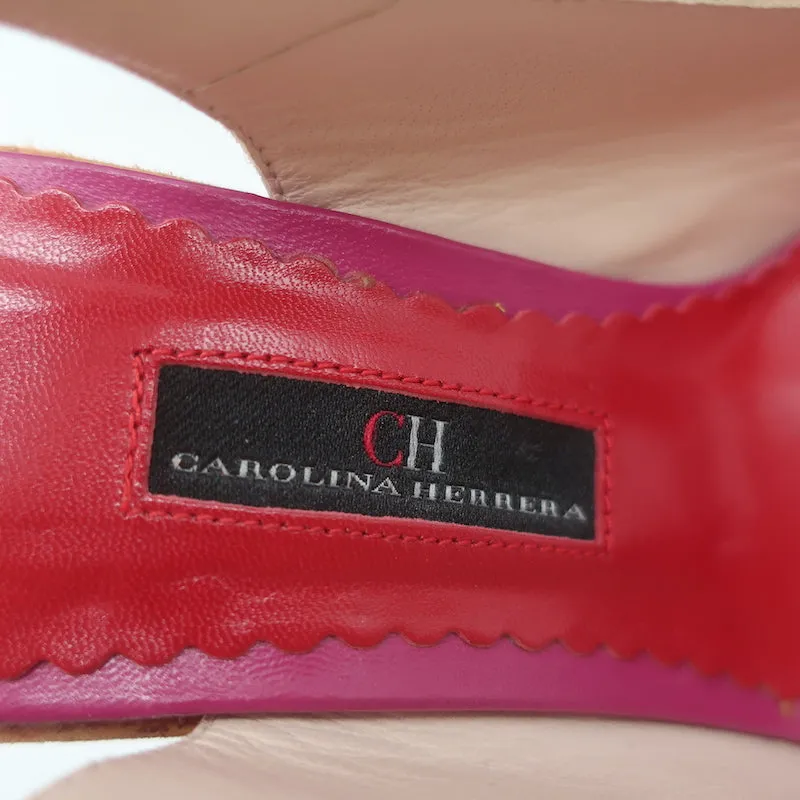 CH Carolina Herrera Cork Platform Sandals Pink Suede Size 37 Slingback Wedge