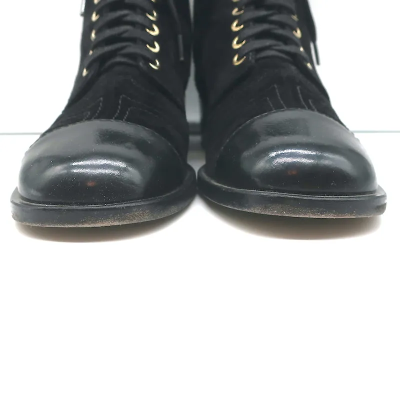 Chanel 18A CC Lace-Up Cap Toe Ankle Boots Black Suede & Patent Leather Size 39