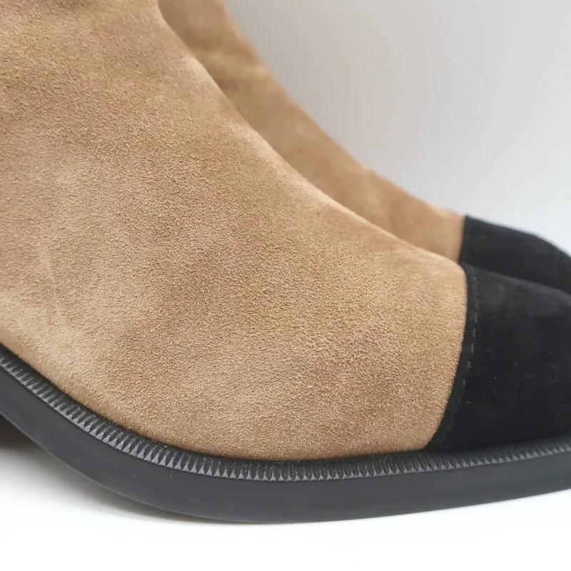 Chanel 21K CC Embroidered Cap Toe Boots Tan Quilted Suede Size 38.5