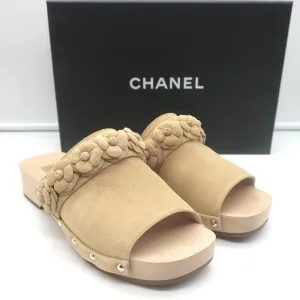 Chanel 22P Camellia Clog Sandals Beige Suede Size 37
