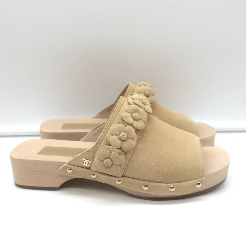Chanel 22P Camellia Clog Sandals Beige Suede Size 37