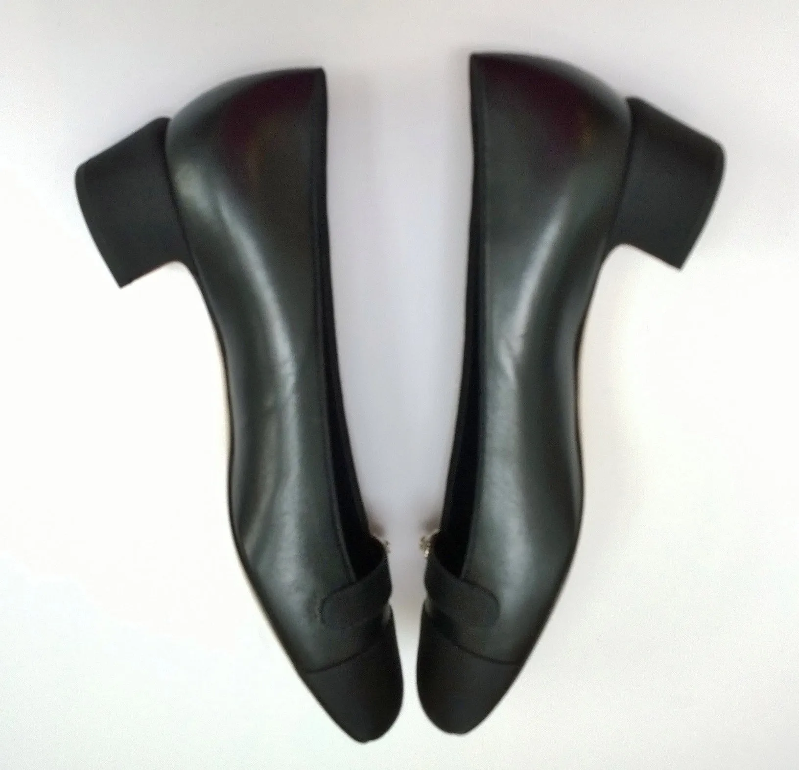 Chanel Black Leather and Grosgrain Block Heel Shoes with CC Pearl Detail