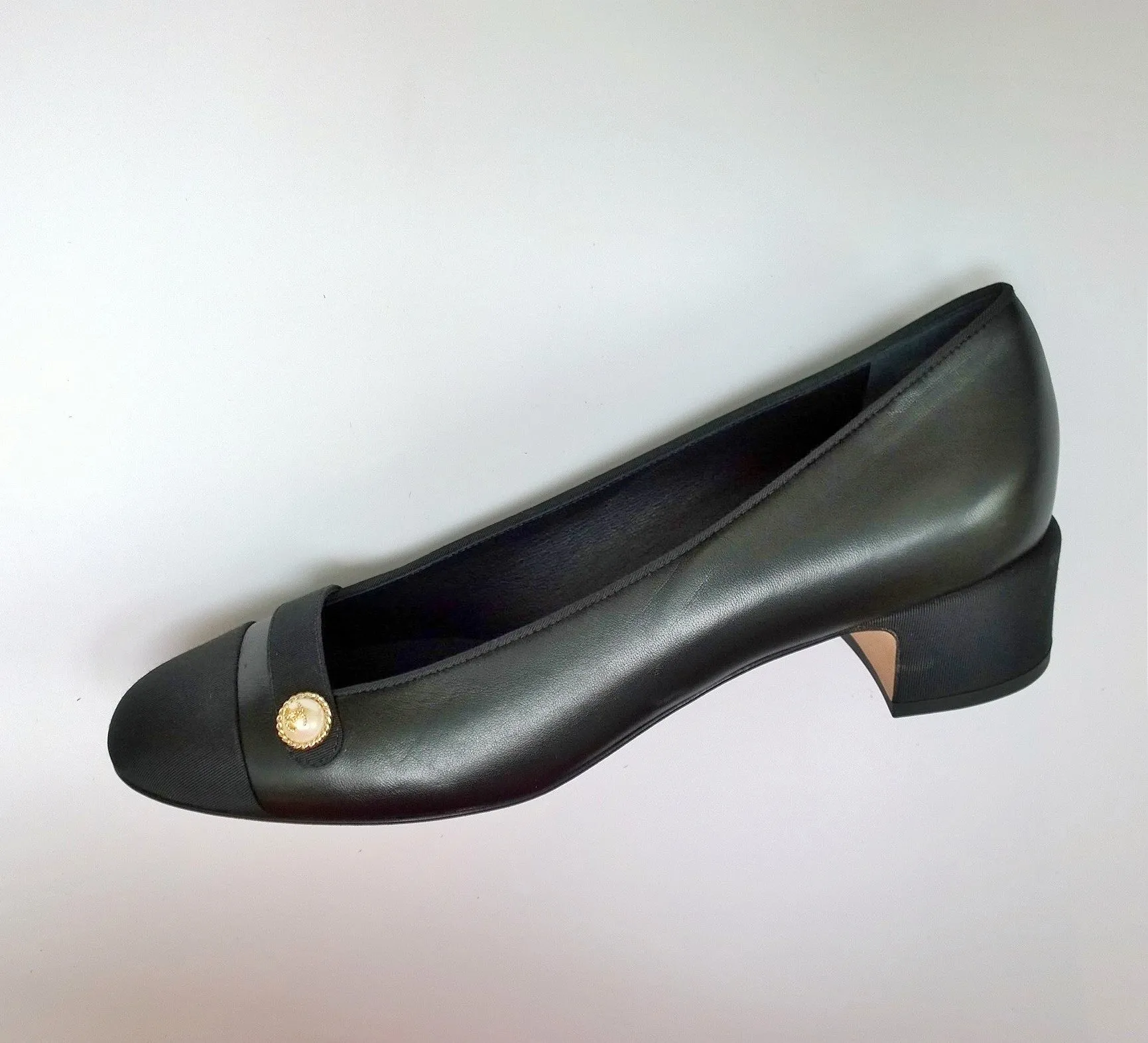 Chanel Black Leather and Grosgrain Block Heel Shoes with CC Pearl Detail