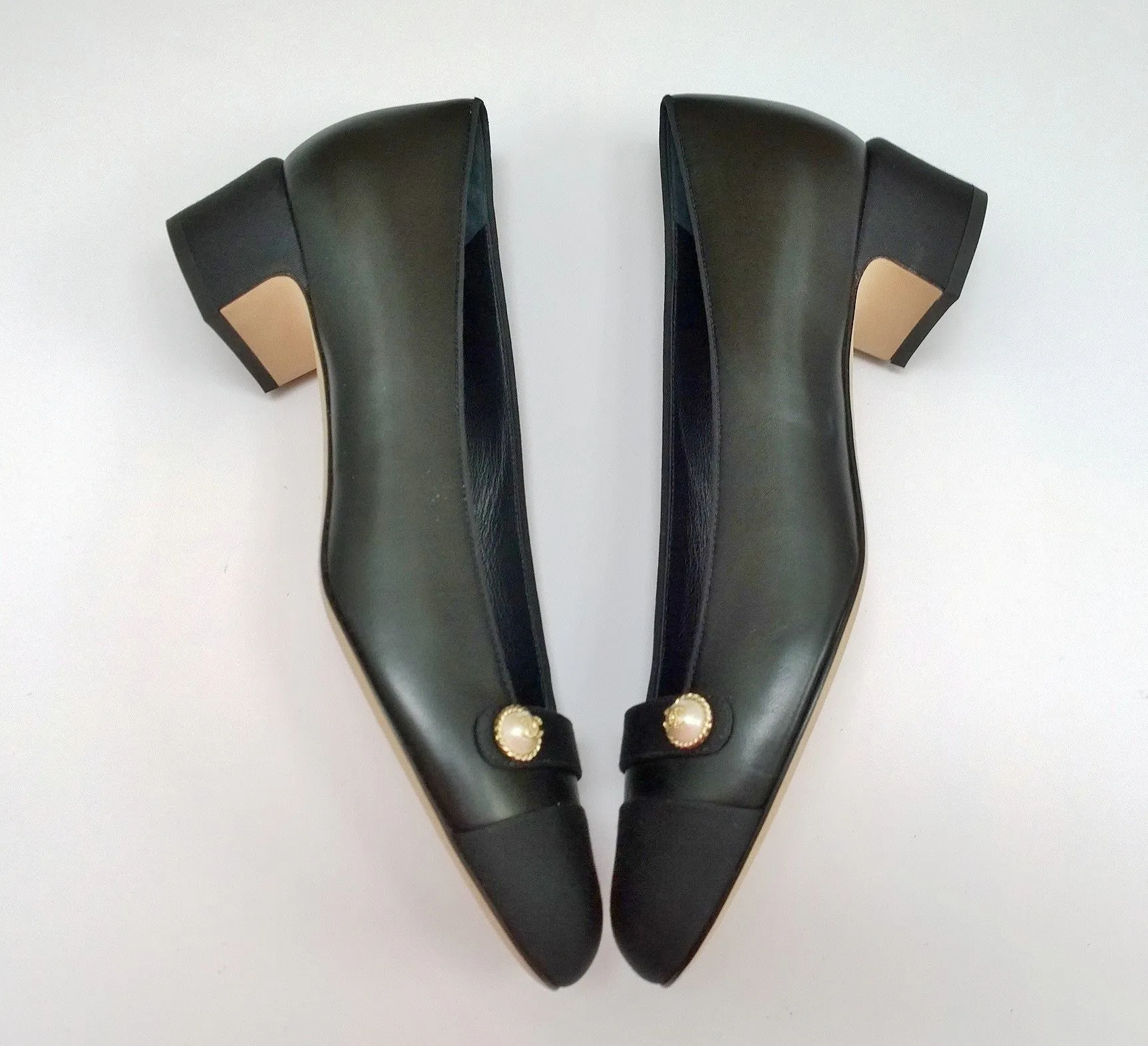 Chanel Black Leather and Grosgrain Block Heel Shoes with CC Pearl Detail