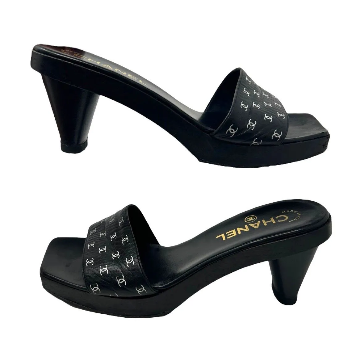 Chanel Black Logo Print Block Heels