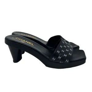 Chanel Black Logo Print Block Heels