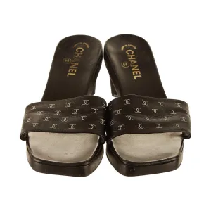 Chanel Black Logo Print Block Heels