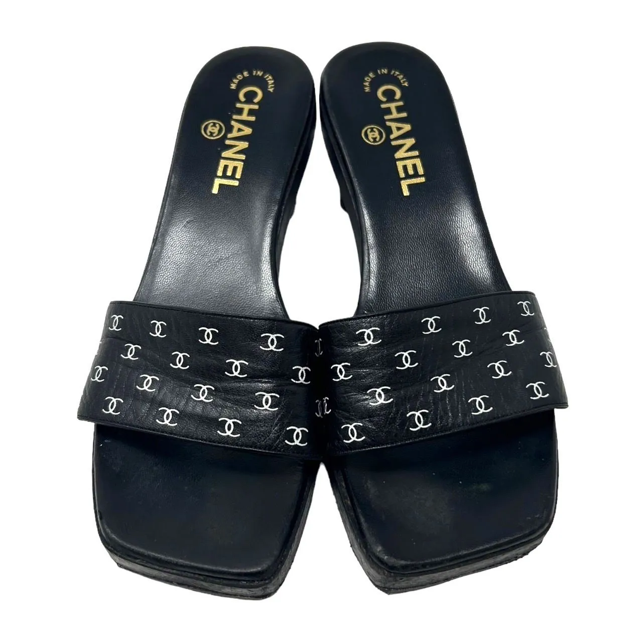 Chanel Black Logo Print Block Heels