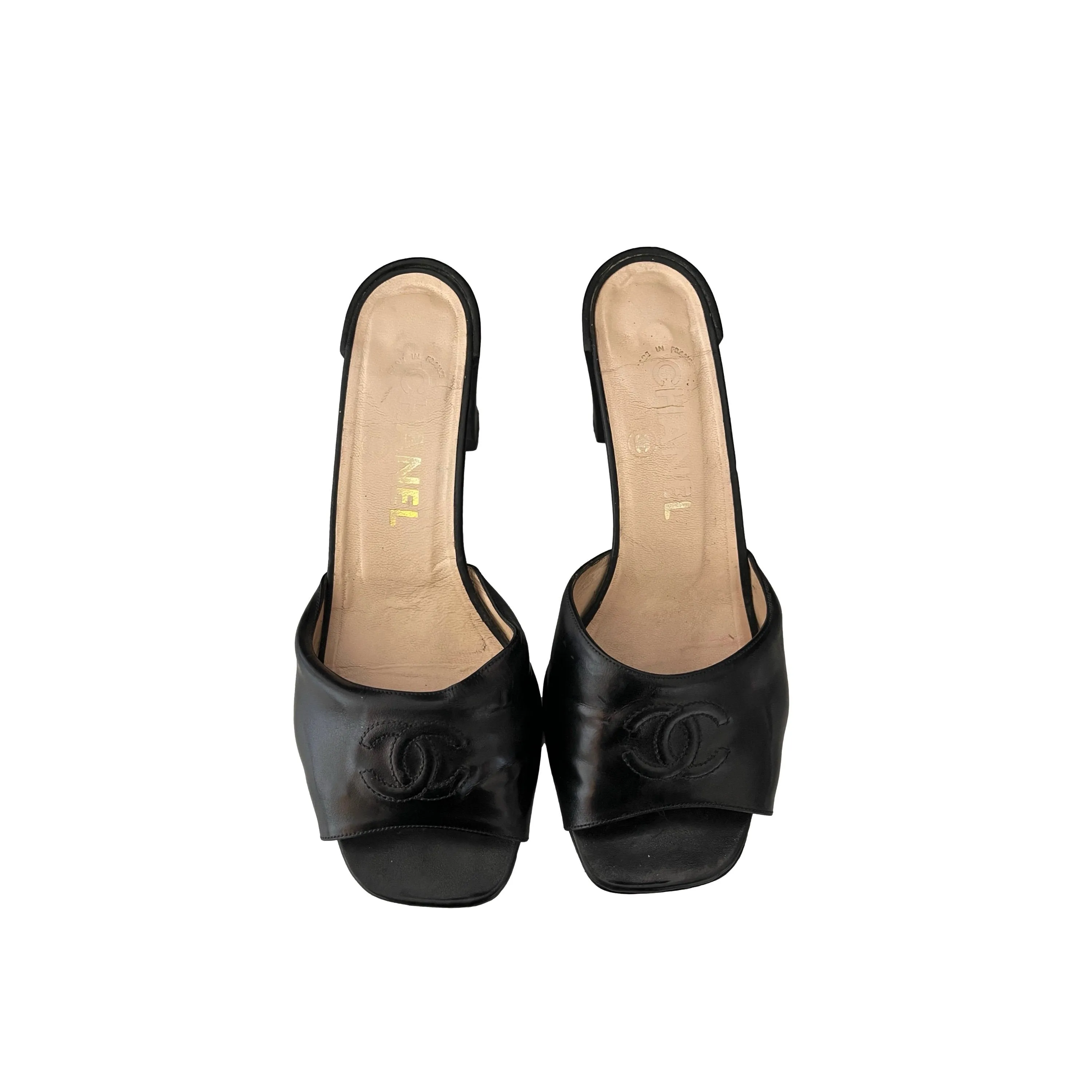 Chanel Black Logo Slide Block Heels