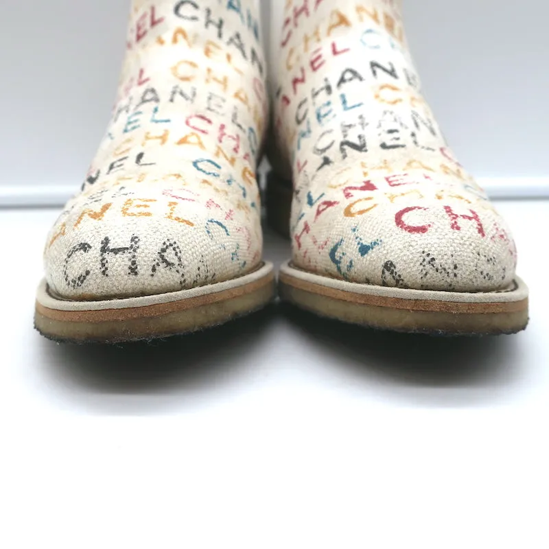 Chanel Graffiti Chelsea Boots Cream Canvas Size 38.5 Flat Ankle Boots