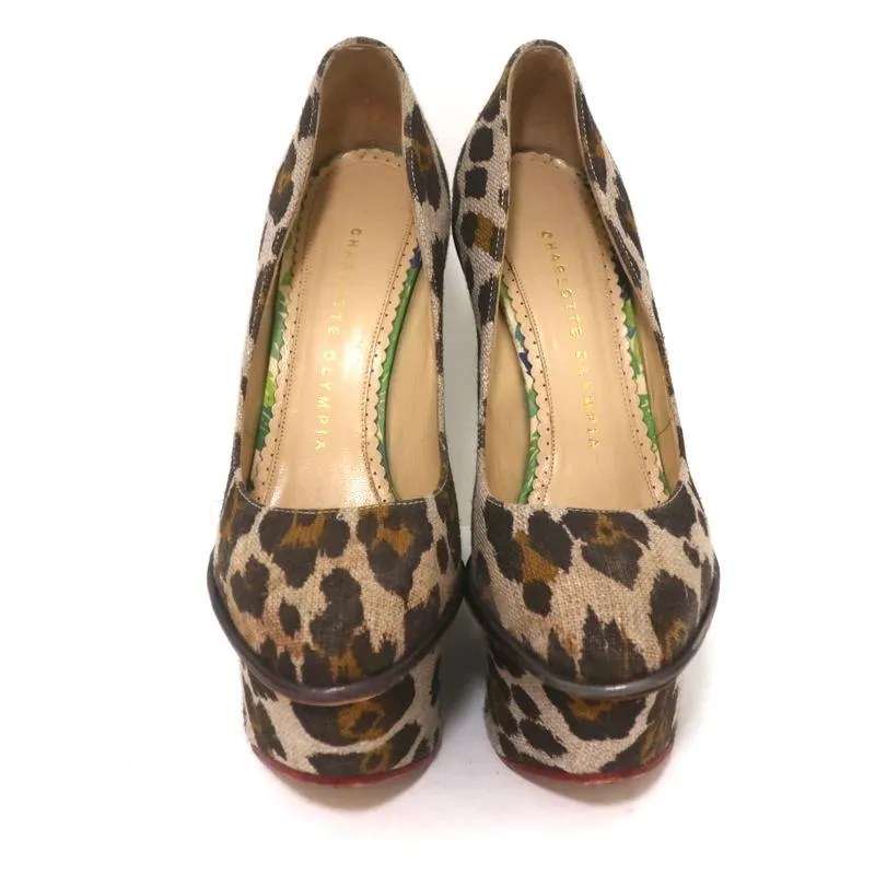 Charlotte Olympia Carmen Platform Wedge Pumps Leopard Print Canvas Size 36