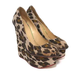 Charlotte Olympia Carmen Platform Wedge Pumps Leopard Print Canvas Size 36