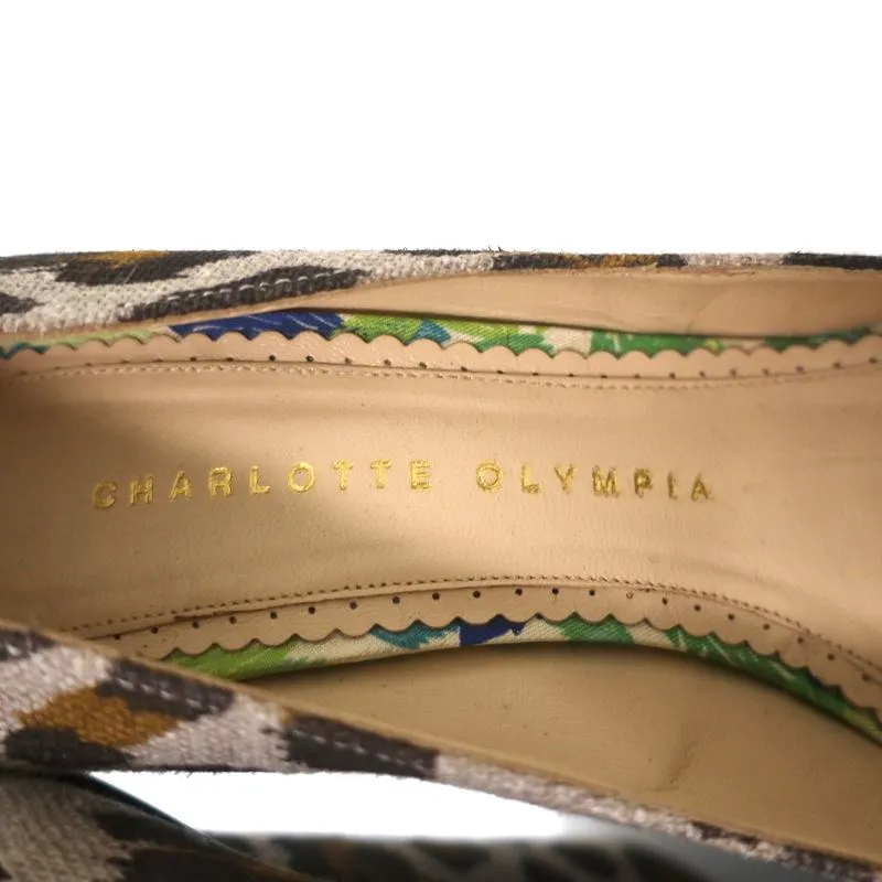 Charlotte Olympia Carmen Platform Wedge Pumps Leopard Print Canvas Size 36