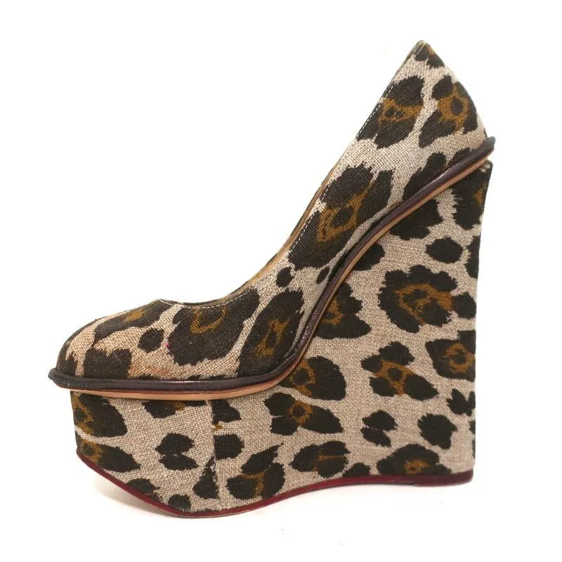 Charlotte Olympia Carmen Platform Wedge Pumps Leopard Print Canvas Size 36