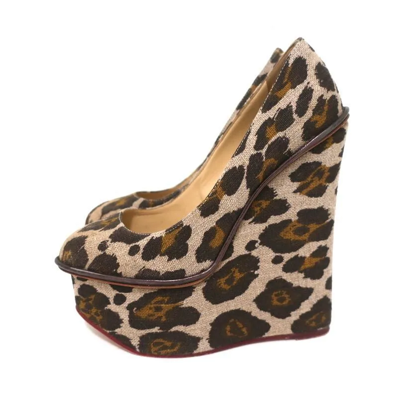 Charlotte Olympia Carmen Platform Wedge Pumps Leopard Print Canvas Size 36