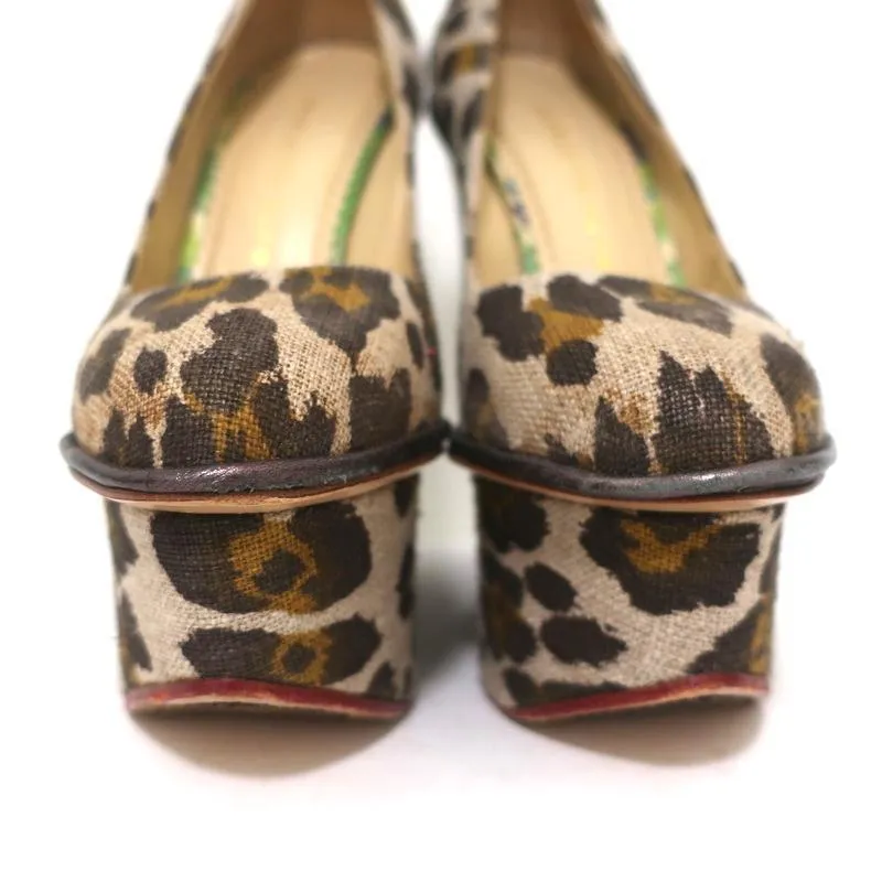 Charlotte Olympia Carmen Platform Wedge Pumps Leopard Print Canvas Size 36