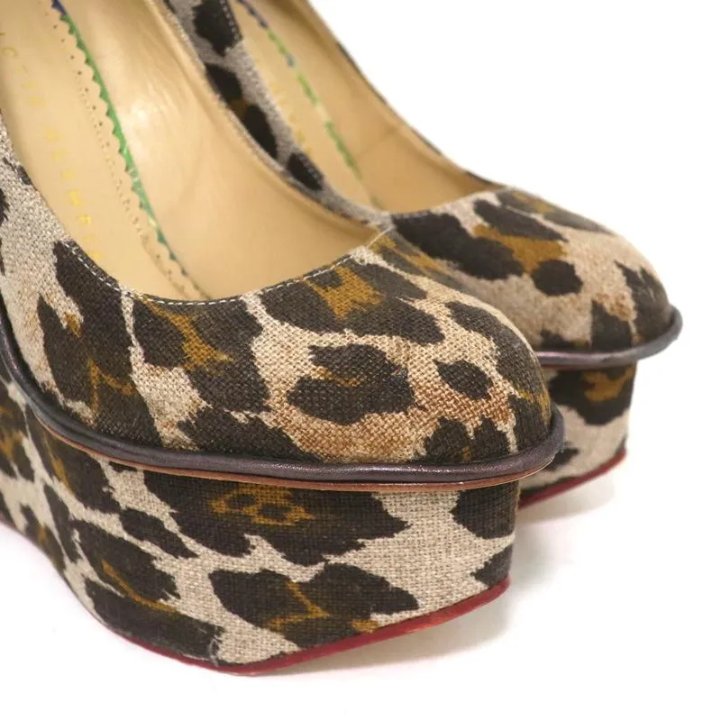 Charlotte Olympia Carmen Platform Wedge Pumps Leopard Print Canvas Size 36