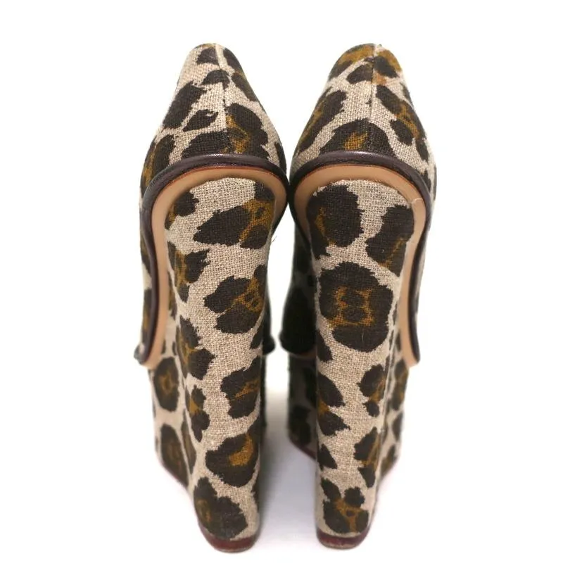 Charlotte Olympia Carmen Platform Wedge Pumps Leopard Print Canvas Size 36