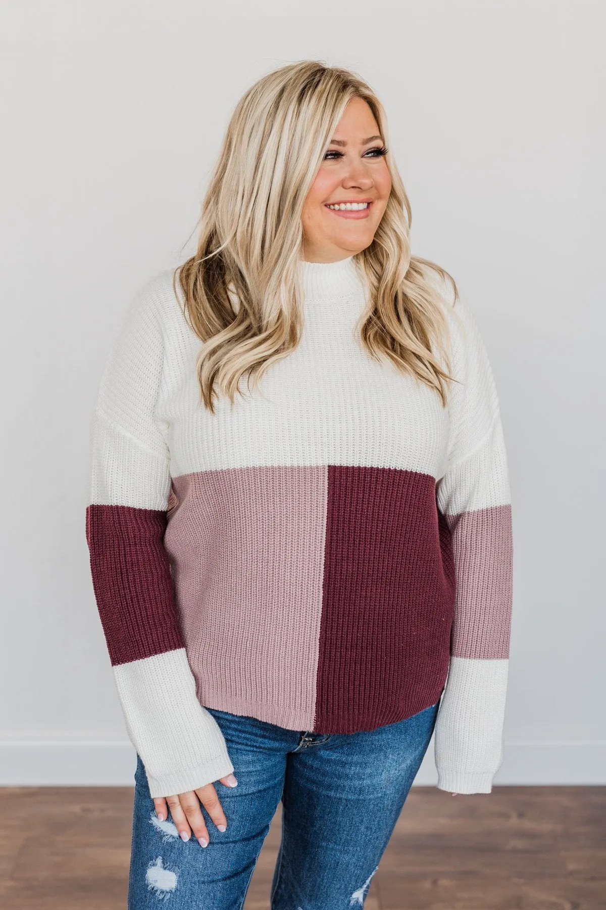 Charmed Life Color Block Sweater- Ivory, Mauve Purple, & Burgundy