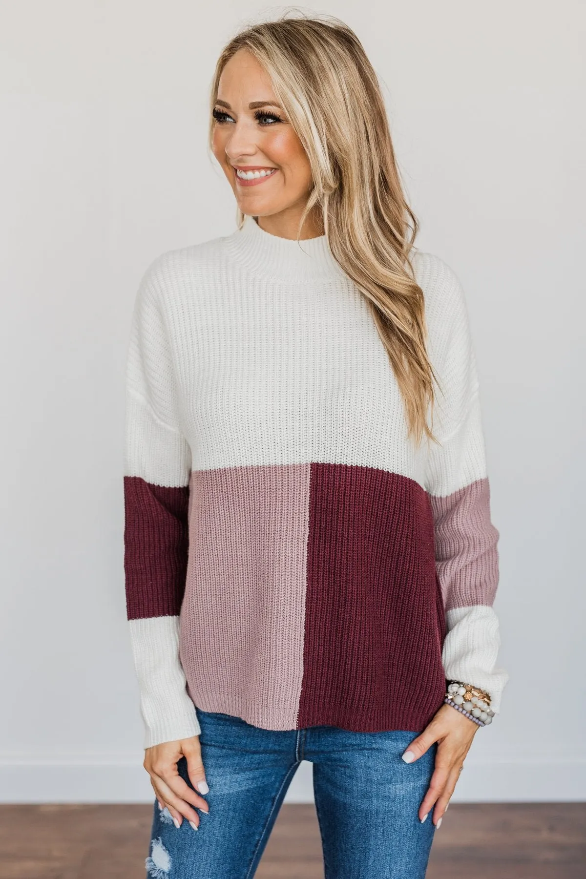 Charmed Life Color Block Sweater- Ivory, Mauve Purple, & Burgundy