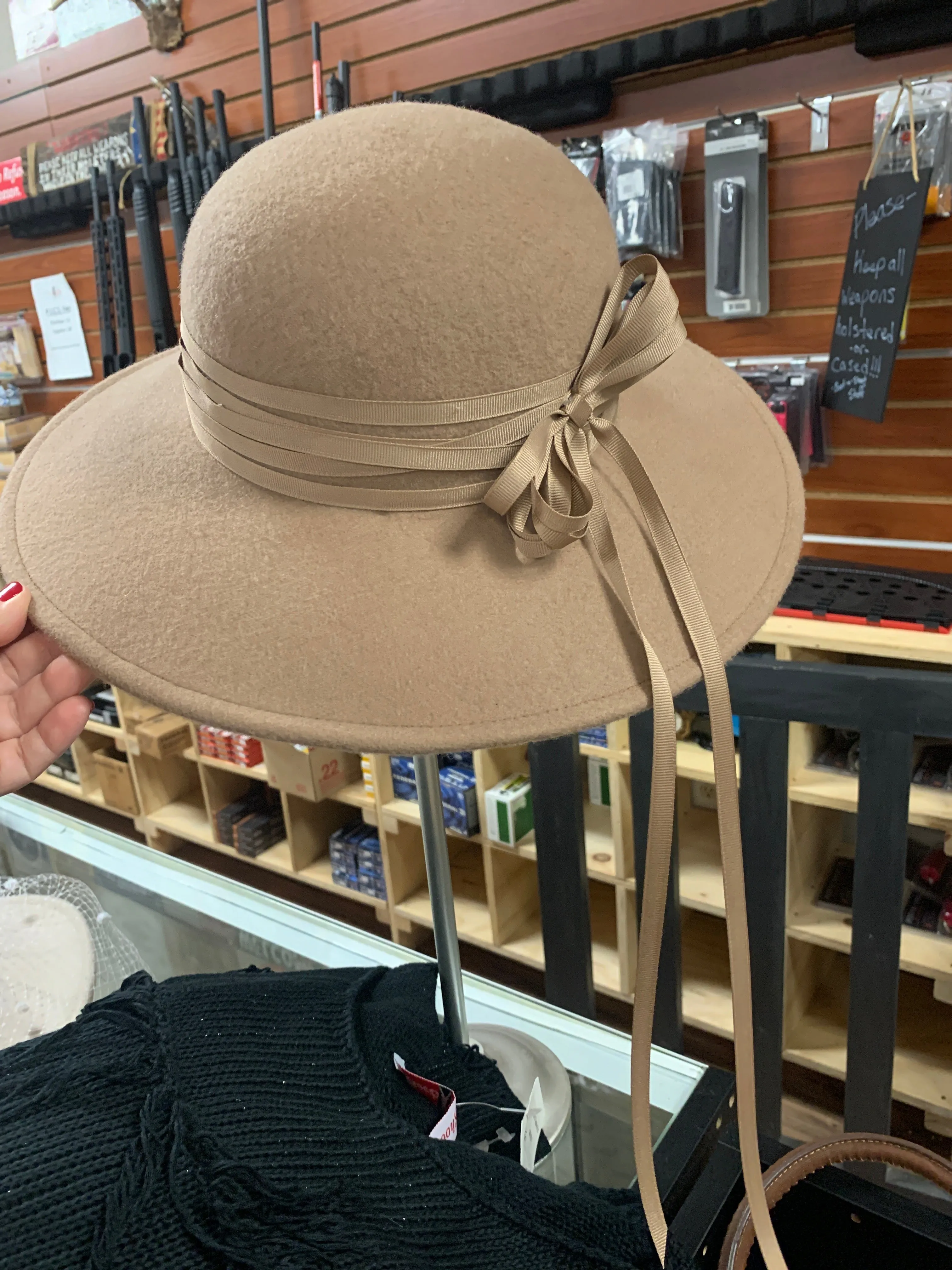 Chloe Beige Ribbon Flat Brim Wool Hat