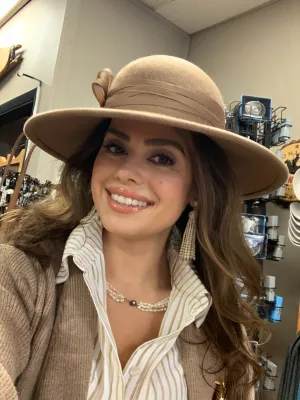 Chloe Beige Ribbon Flat Brim Wool Hat