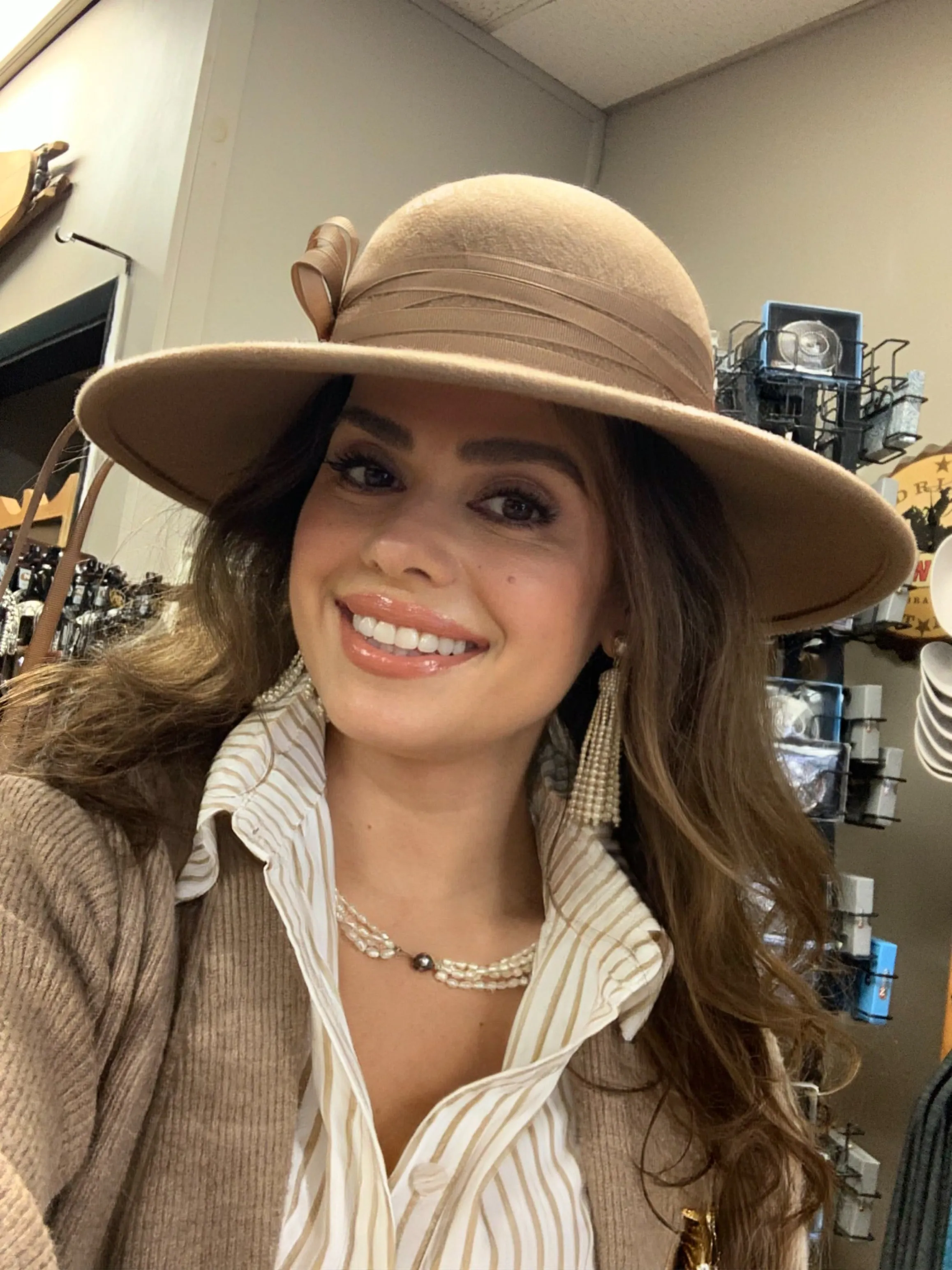 Chloe Beige Ribbon Flat Brim Wool Hat