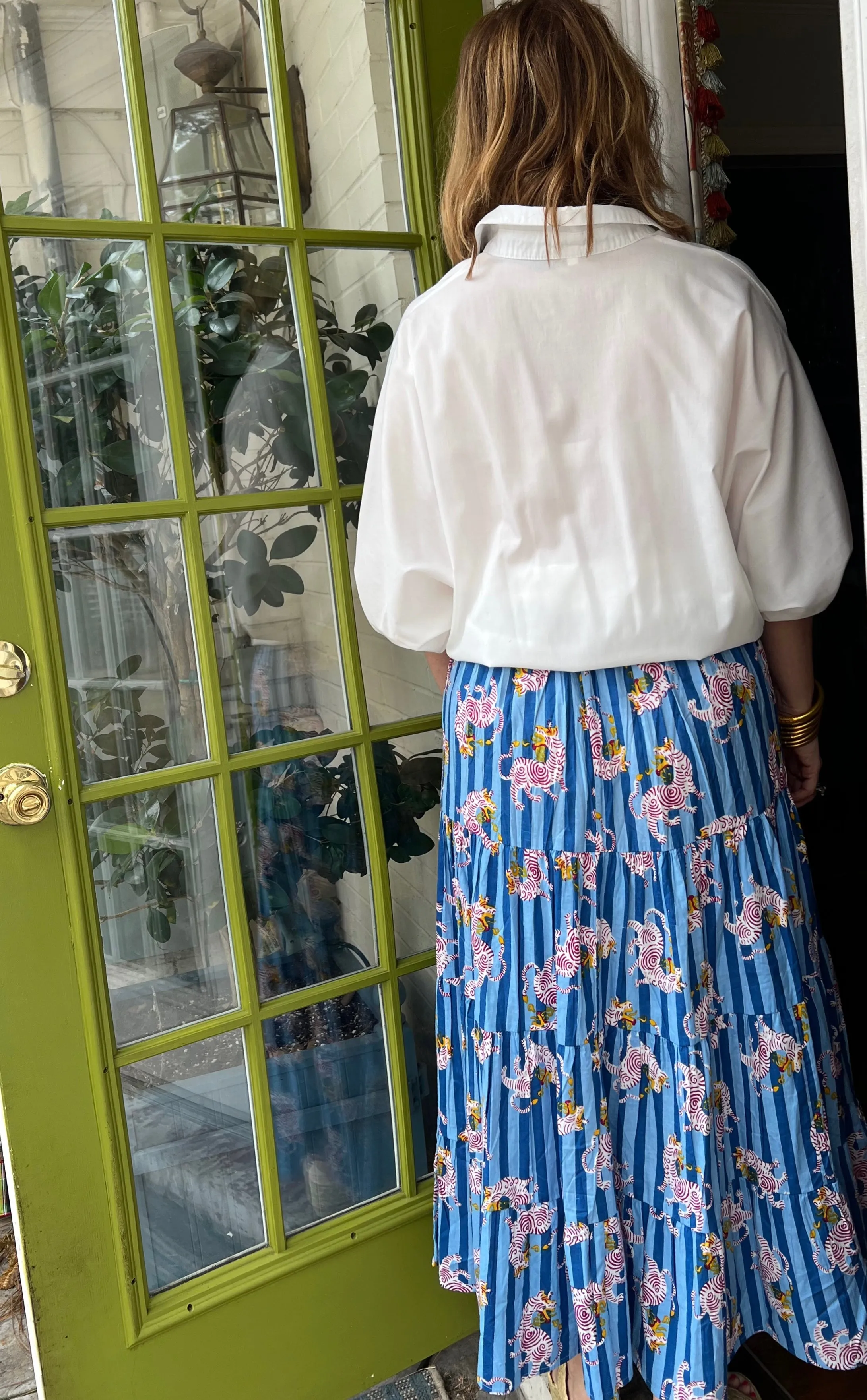 Chloe Dancing Tiger Blockprint Maxi Skirt in Blue