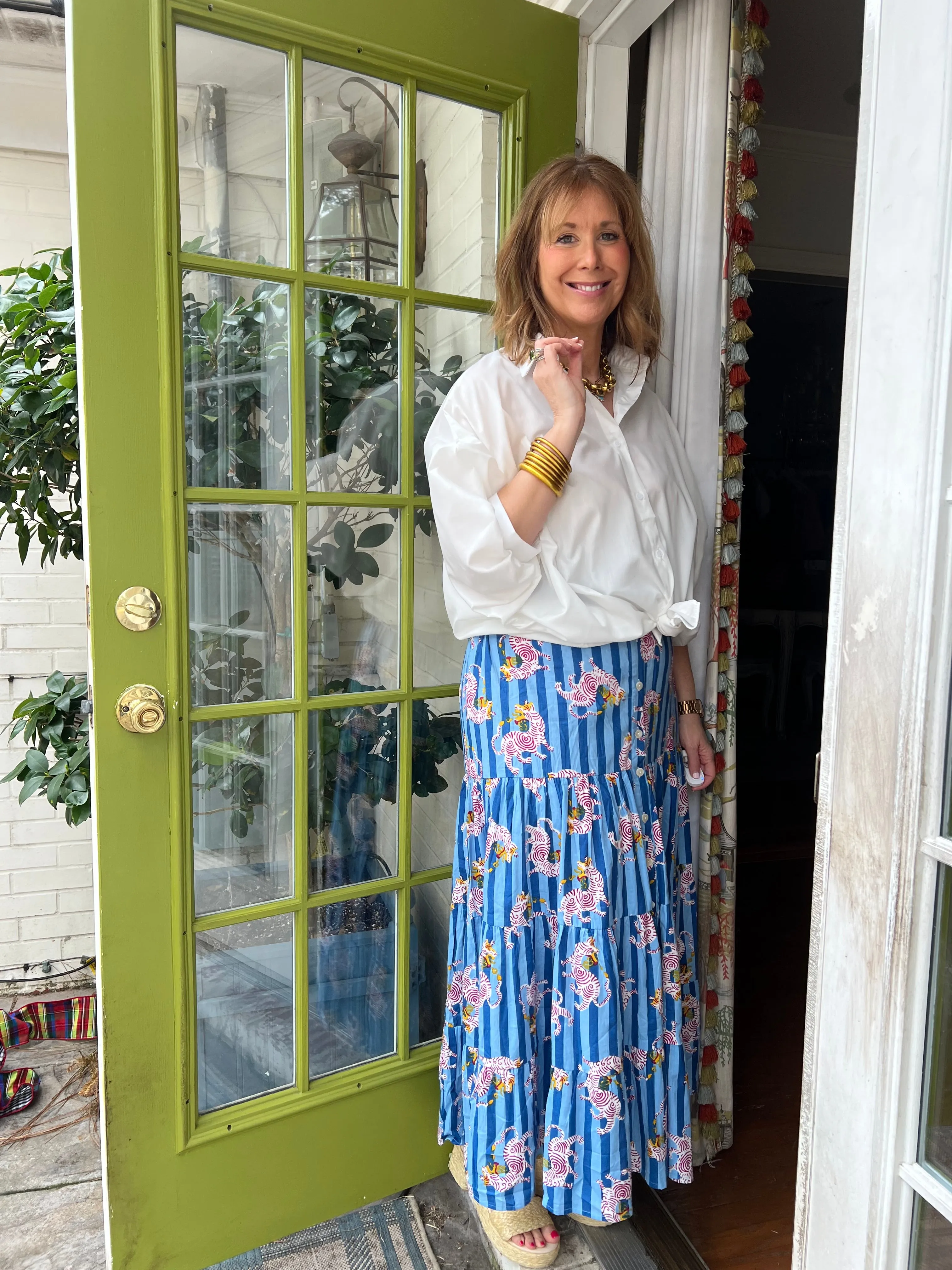 Chloe Dancing Tiger Blockprint Maxi Skirt in Blue