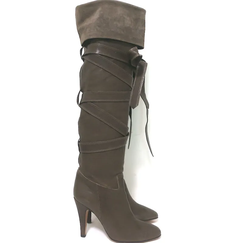 Chloe Wrap-Around Over the Knee Boots Dark Taupe Suede & Leather Size 38.5