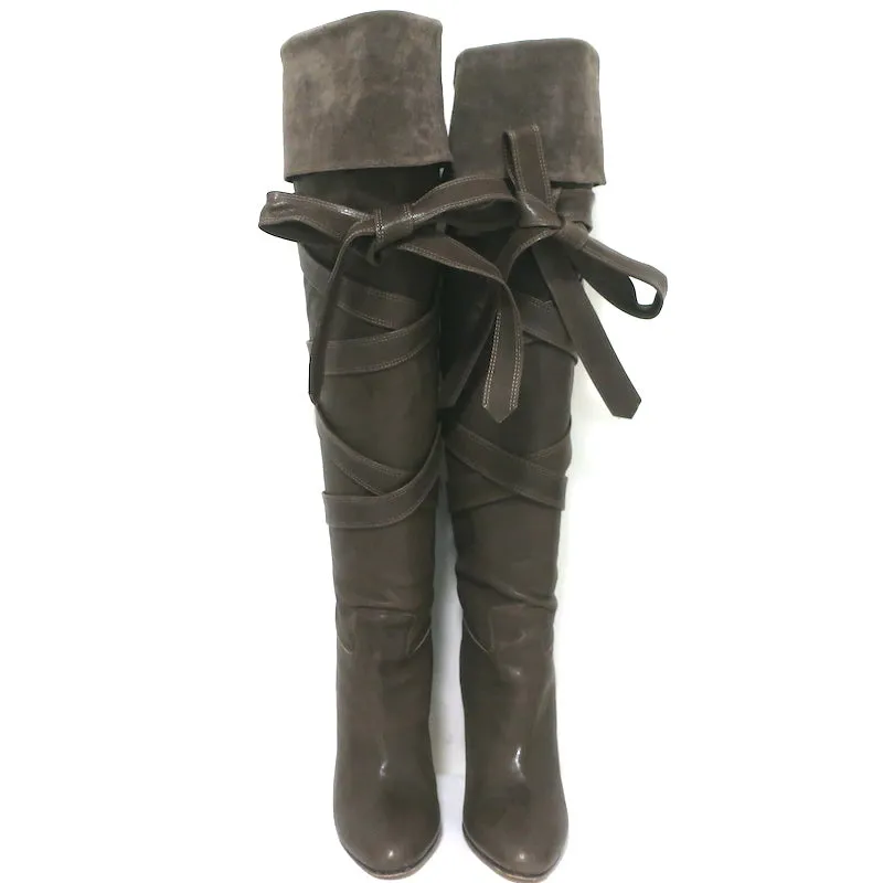 Chloe Wrap-Around Over the Knee Boots Dark Taupe Suede & Leather Size 38.5