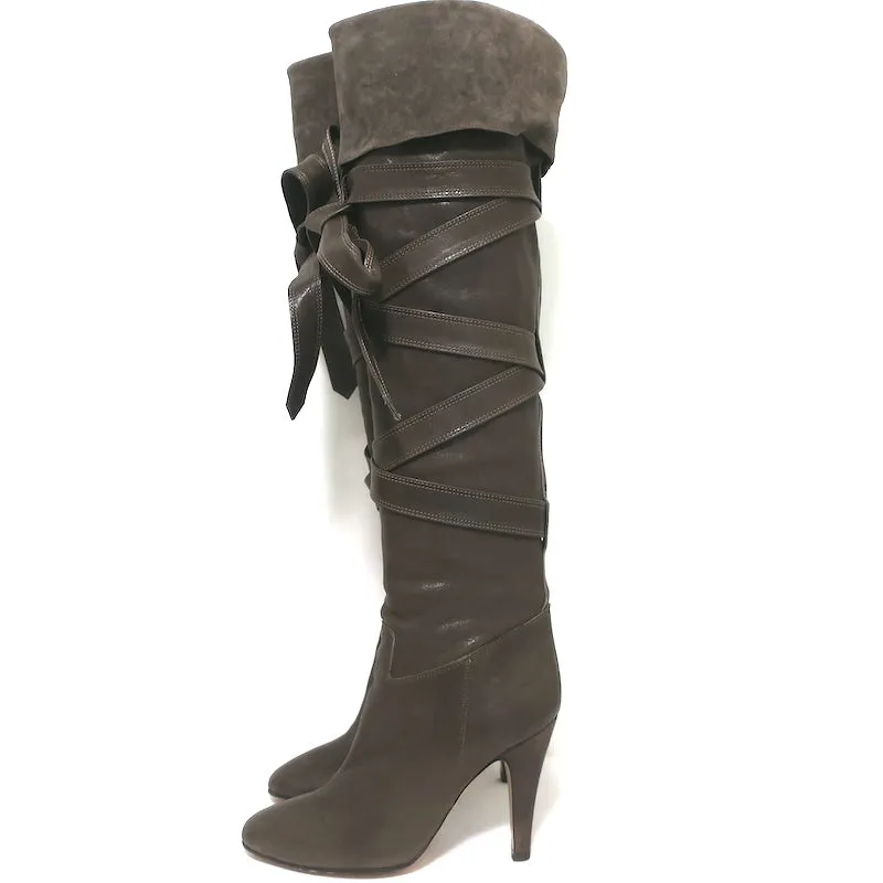Chloe Wrap-Around Over the Knee Boots Dark Taupe Suede & Leather Size 38.5
