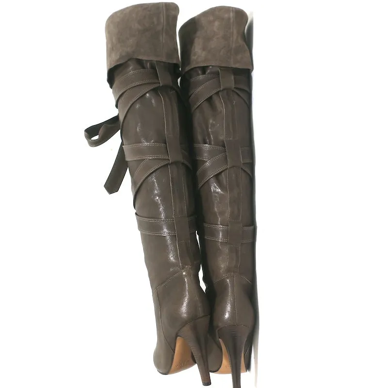 Chloe Wrap-Around Over the Knee Boots Dark Taupe Suede & Leather Size 38.5