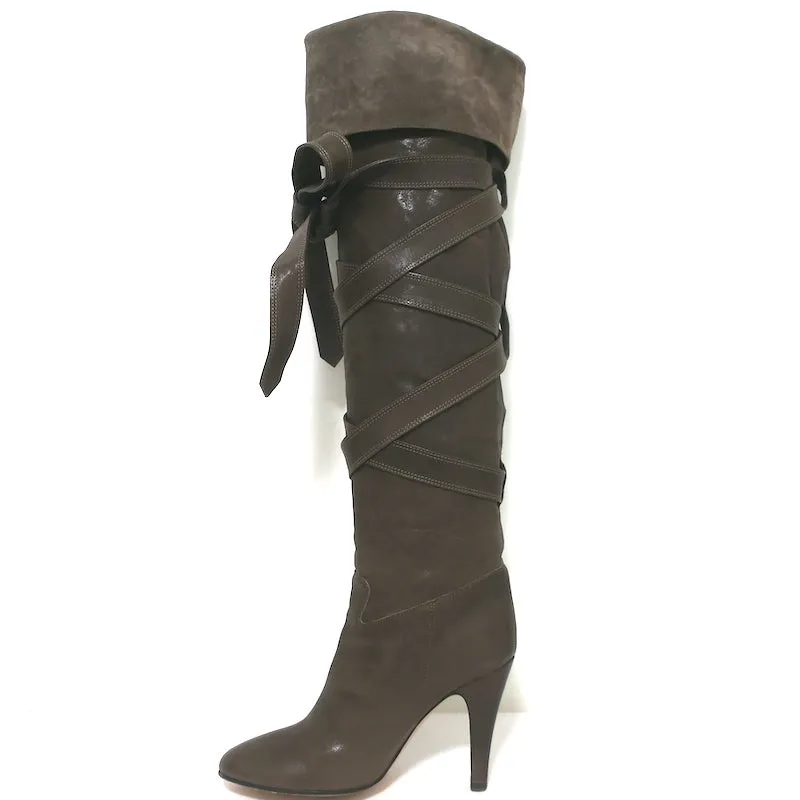 Chloe Wrap-Around Over the Knee Boots Dark Taupe Suede & Leather Size 38.5