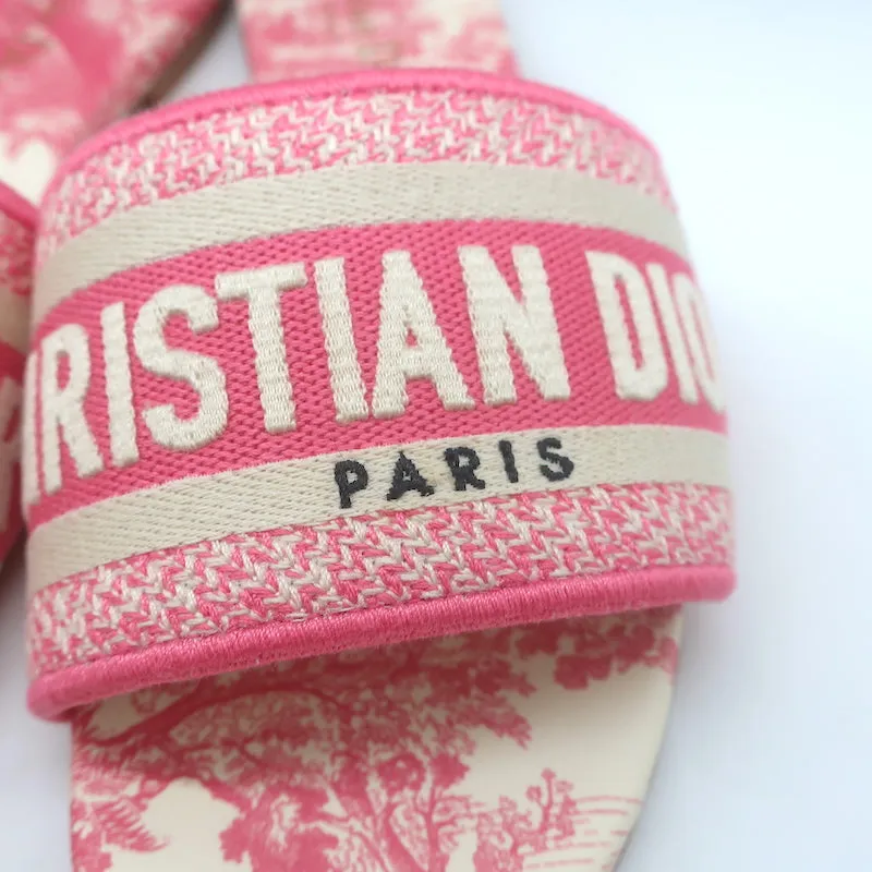 Christian Dior Dway Slides Pink Toile de Jouy Embroidered Canvas Size 37 NEW