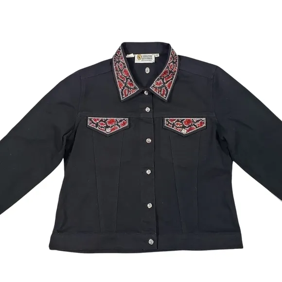 Christine Alexander Black Denim Jacket Sz Medium Swarovski Crystal Western Rodeo