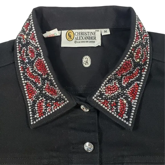 Christine Alexander Black Denim Jacket Sz Medium Swarovski Crystal Western Rodeo
