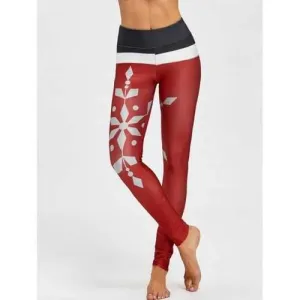 Christmas Snowflake Print Color Block Leggings - Wine Red 2xl