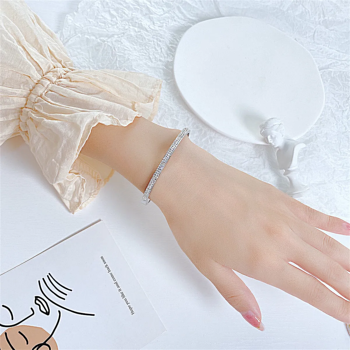 Clear Cubic Zirconia & Silver-Plated Hinged Bangle