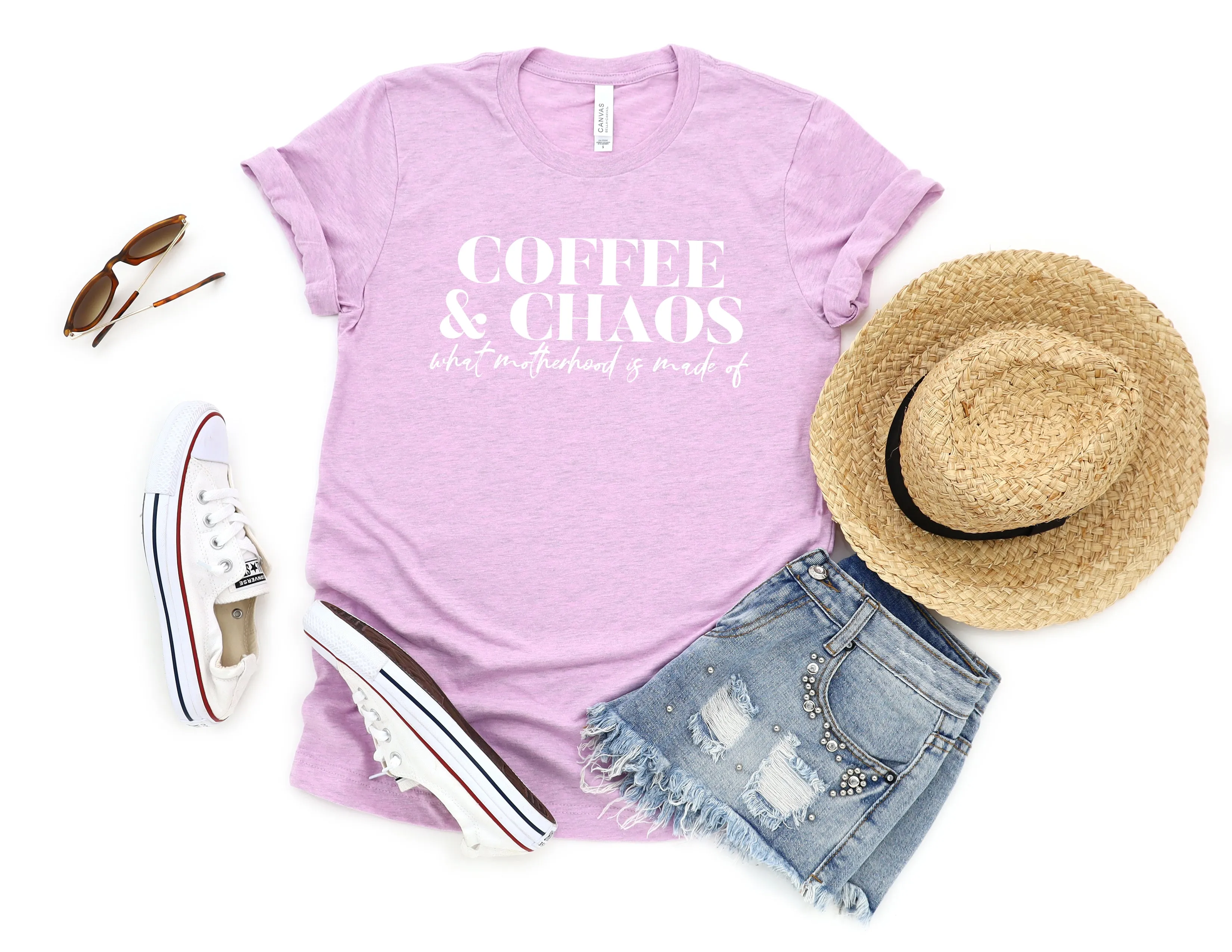 Coffee & Chaos - Bella   Canvas Unisex Adult Tee | White ink