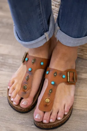 Cognac Sandals With Turquoise Stones