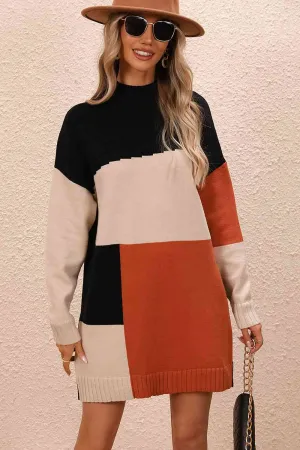 Color Block Mock Neck Dropped Shoulder Sweater Dress (4 Colors)