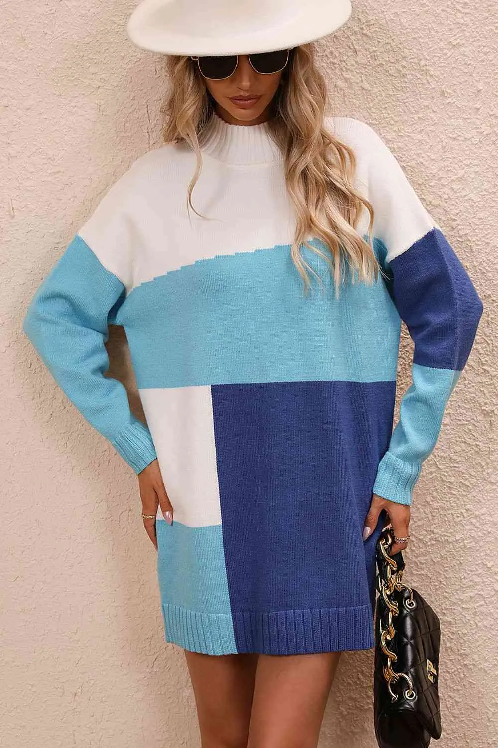 Color Block Mock Neck Dropped Shoulder Sweater Dress (4 Colors)
