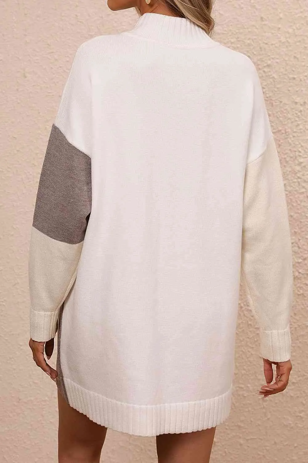 Color Block Mock Neck Dropped Shoulder Sweater Dress (4 Colors)