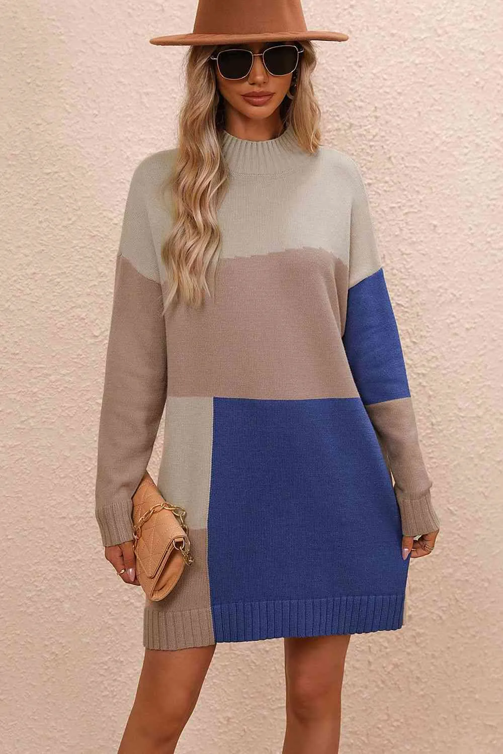 Color Block Mock Neck Dropped Shoulder Sweater Dress (4 Colors)